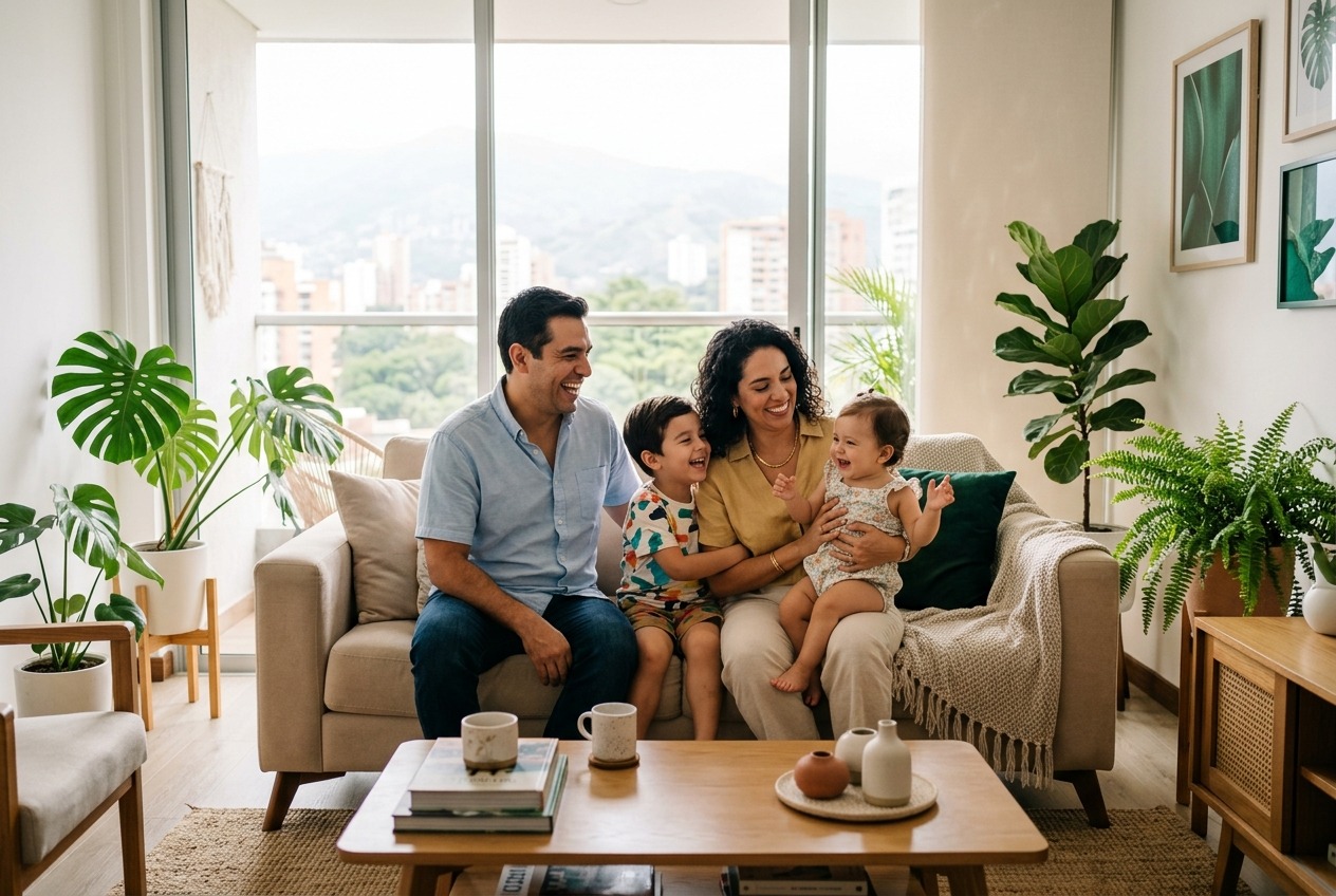 Familia feliz disfrutando de su nuevo apartamento