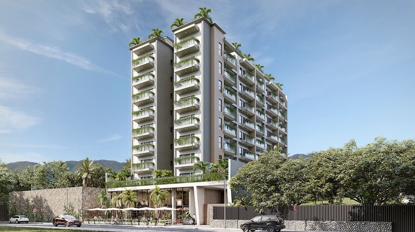 Render de la torre de Garden Living con zonas verdes