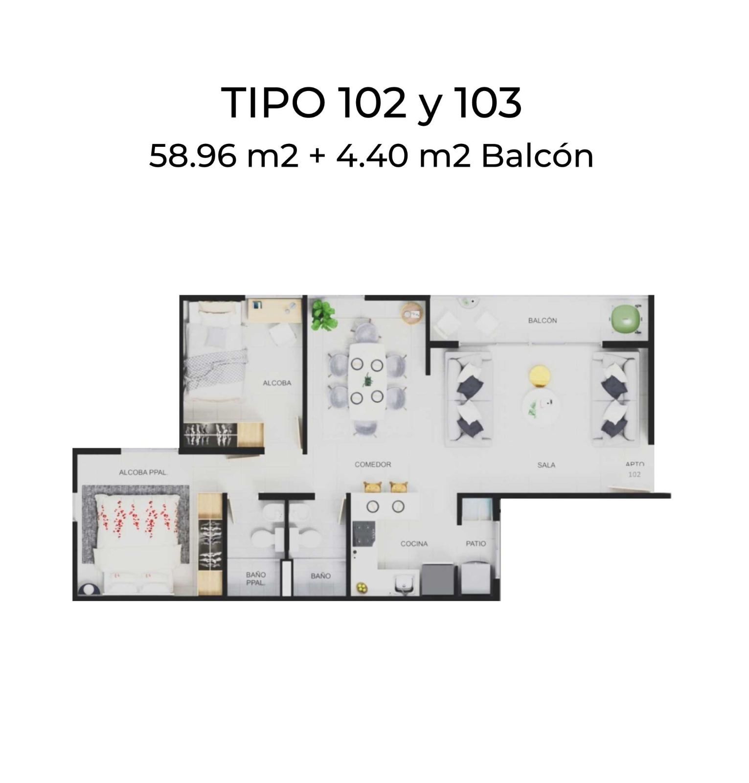 Tipos 102 y 103 · 58,96 m²