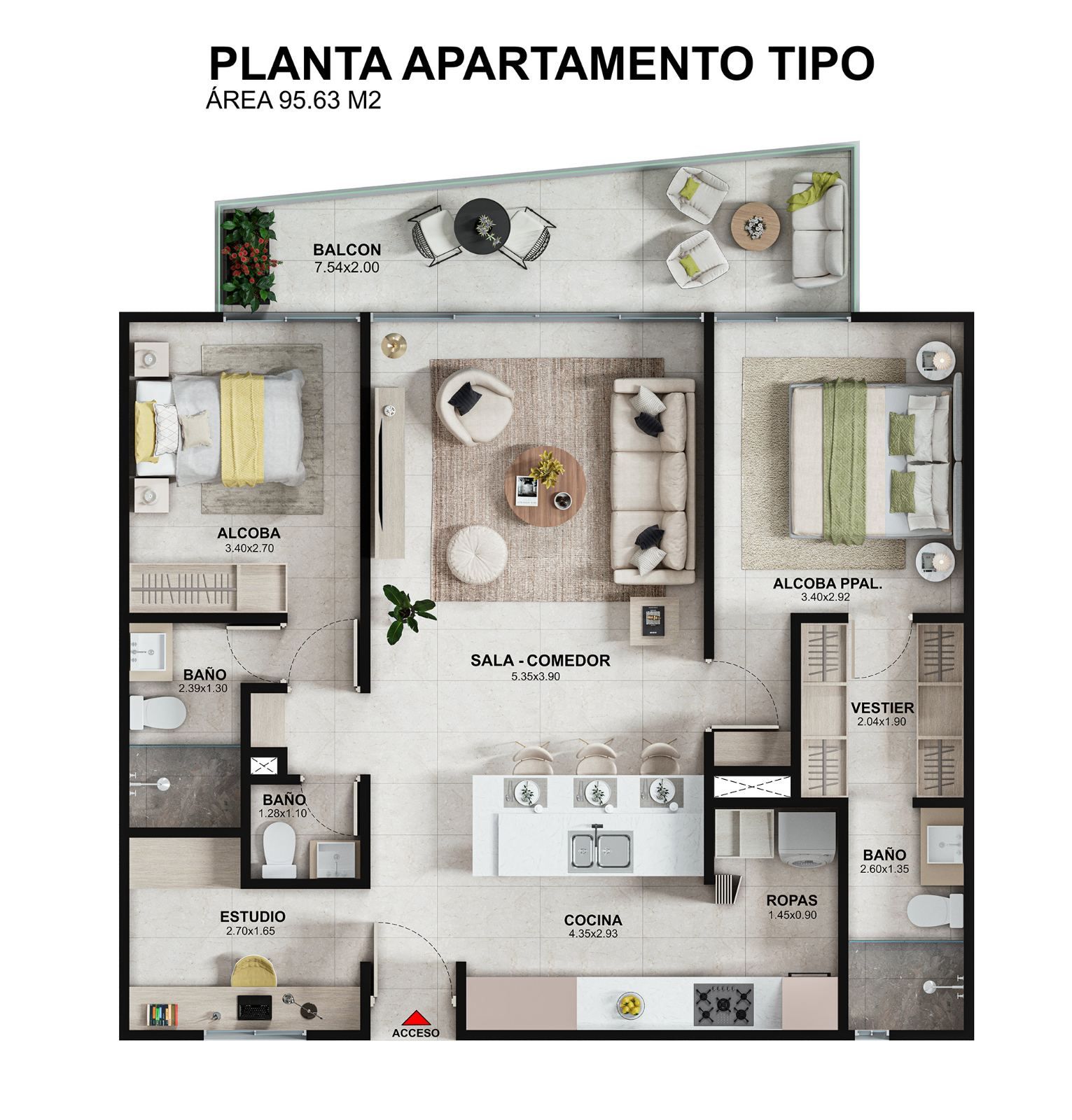 Planta arquitectónica del apartamento tipo de Ponticello